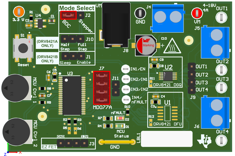 DRV8421AEVM, DRV8421BEVM 采用 DRV8421A 的有刷直流控制的跳線配置