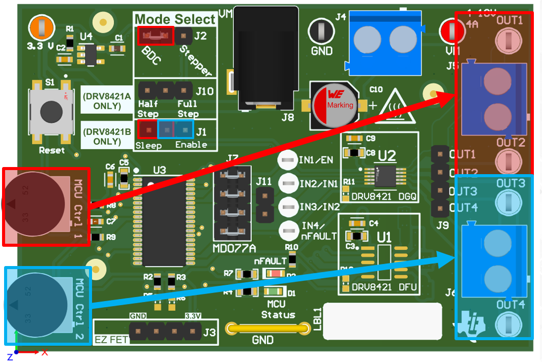 DRV8421AEVM, DRV8421BEVM 采用 DRV8421B 的有刷直流電機運行的 EVM 控制
