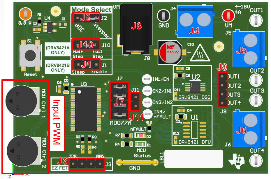 DRV8421AEVM, DRV8421BEVM 跳線組裝指南