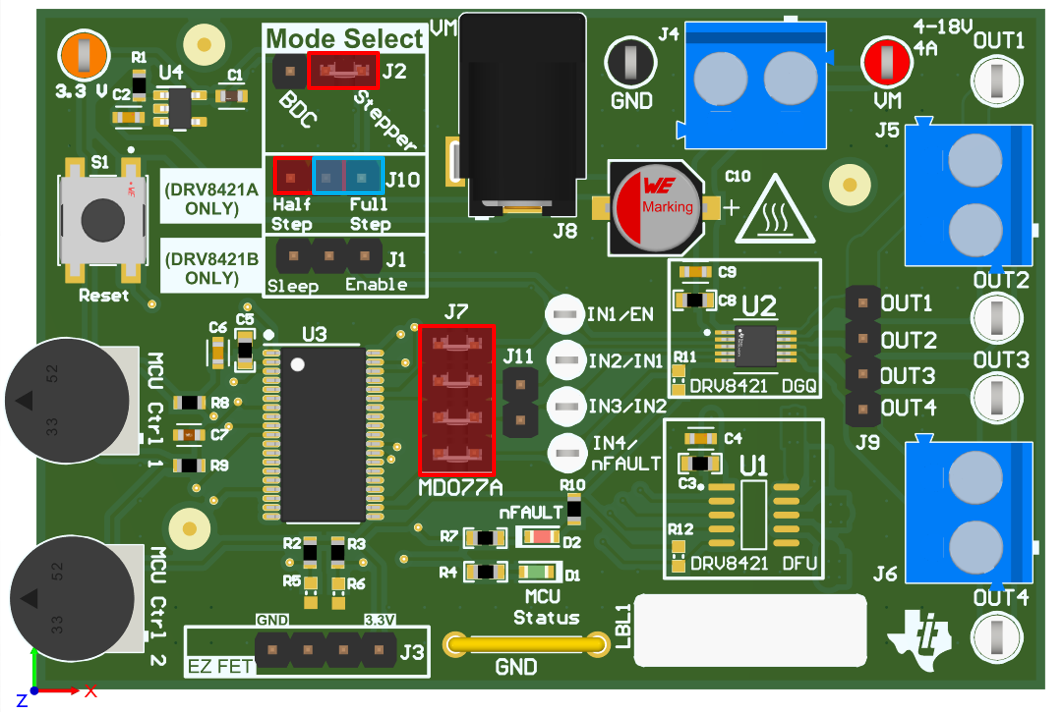 DRV8421AEVM, DRV8421BEVM 采用 DRV8421A 的步進電機控制的跳線配置