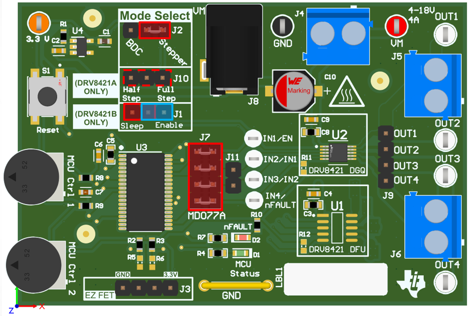 DRV8421AEVM, DRV8421BEVM 采用 DRV8421B 的步進電機控制的跳線配置