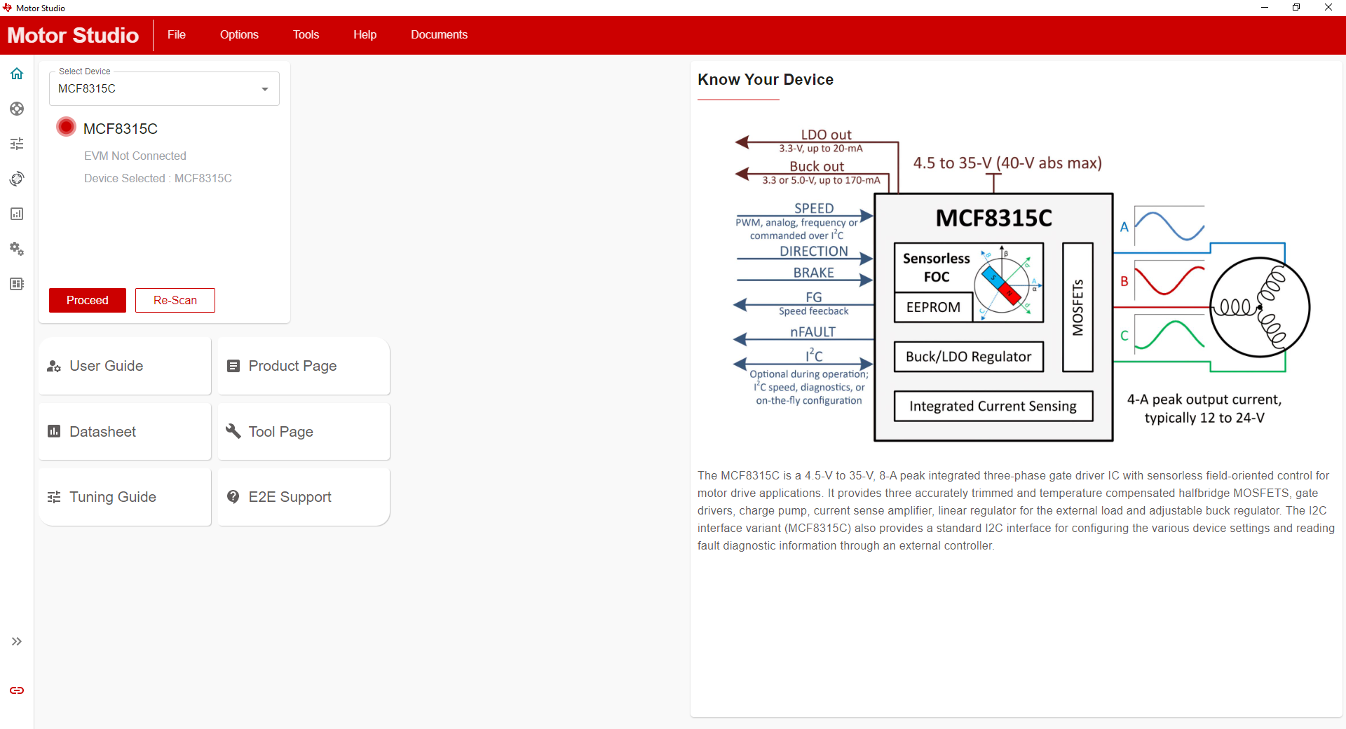 MCF8315RRYEVM Motor Studio GUI MCF8315C 主頁