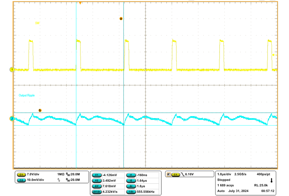 TPS544E27EVM 輸出電壓紋波，600kHz FCCM，40A 負(fù)載