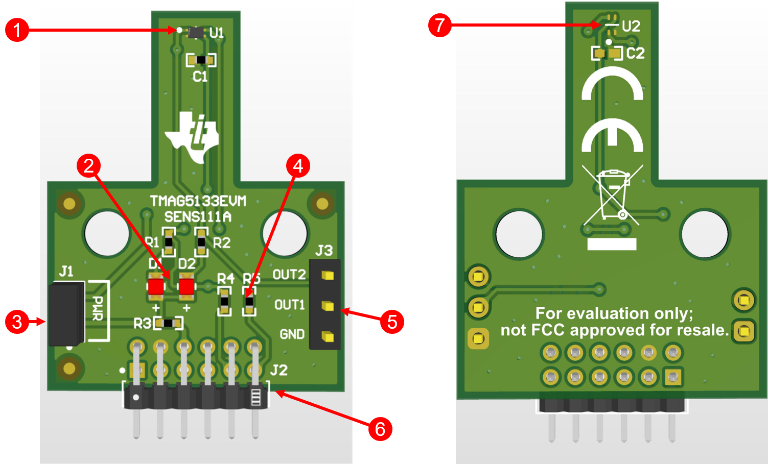 TMAG5233EVM TMAG5133EVM 帶標注的 TMAG5133EVM