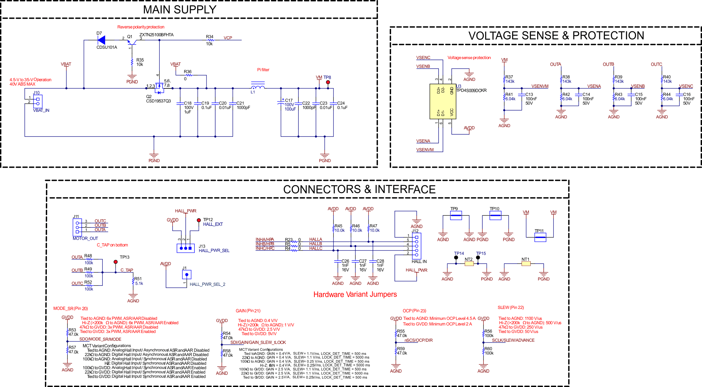 DRV8376EVM DRV8376EVM 原理圖 - 主電源、電壓檢測和保護以及連接器和接口