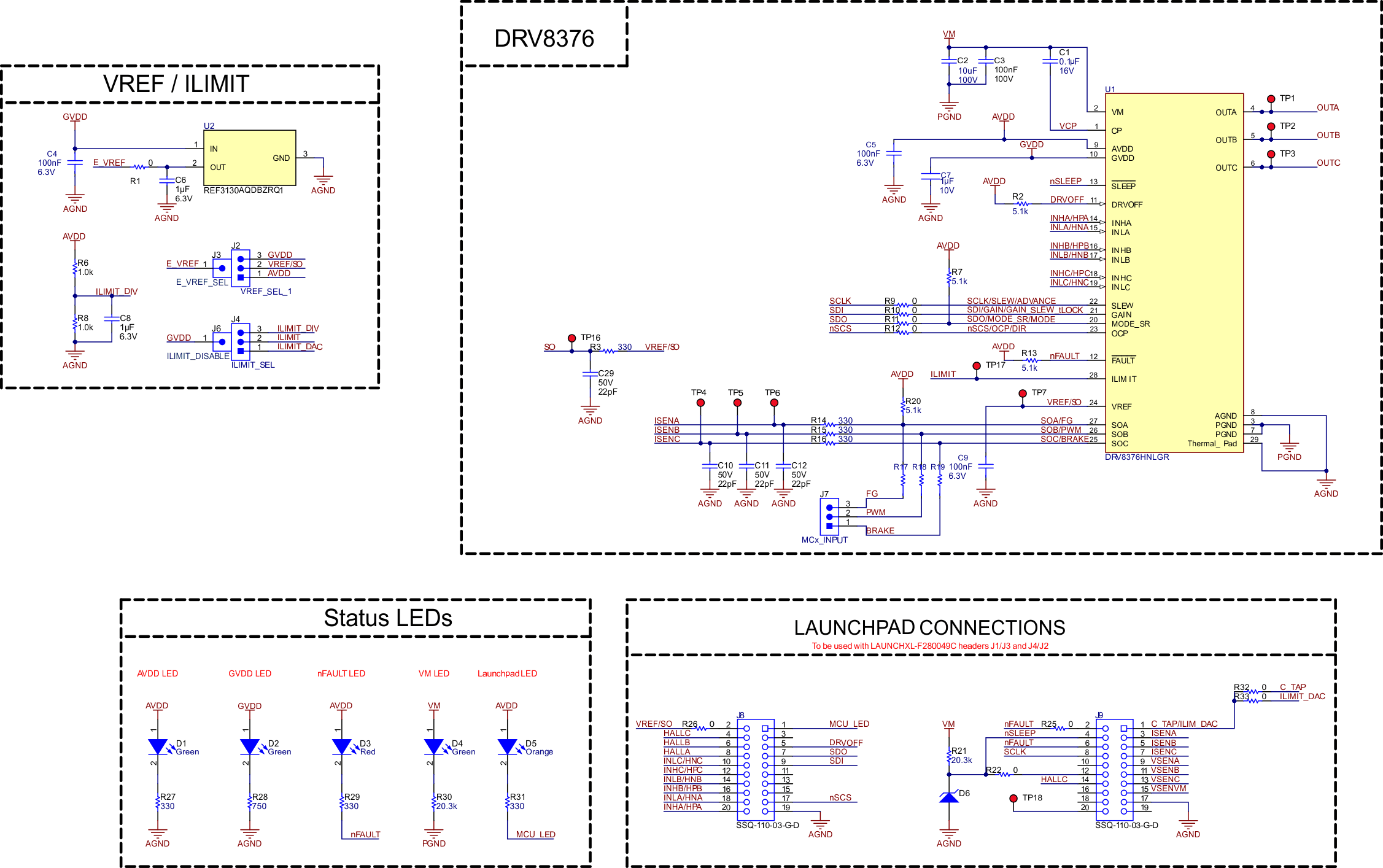 DRV8376EVM DRV8376EVM - IC、VREF/ILIMT、狀態 LED 指示燈和 LaunchPad 連接