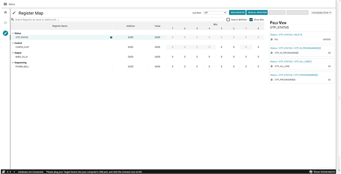 TPSM83102EVM GUI 寄存器映射屏幕