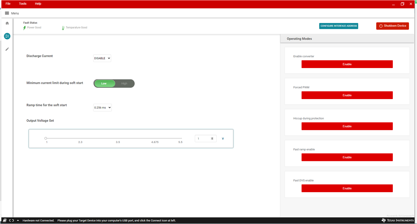 TPSM83102EVM GUI 設置屏幕