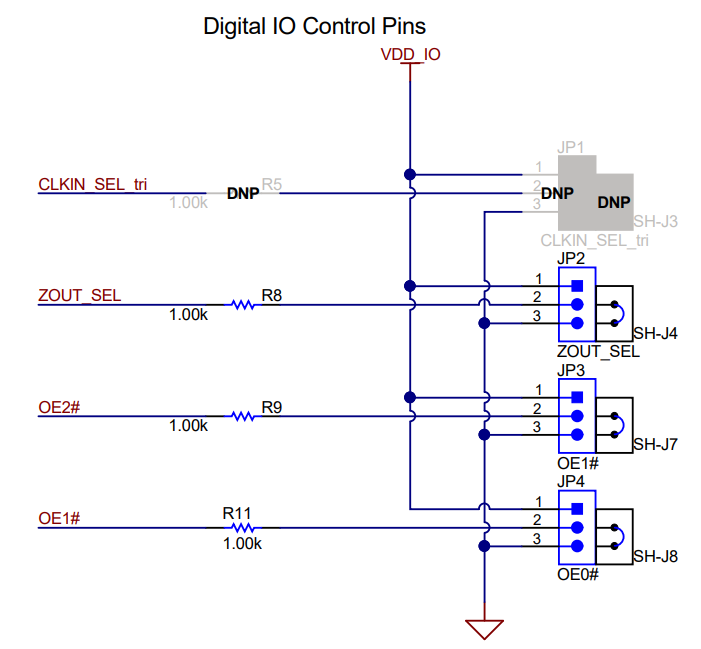 LMKDB1102EVM, LMKDB1202EVM 輸出使能引腳 (OE#) 和 LMKDB1102 邏輯 I/O 跳線