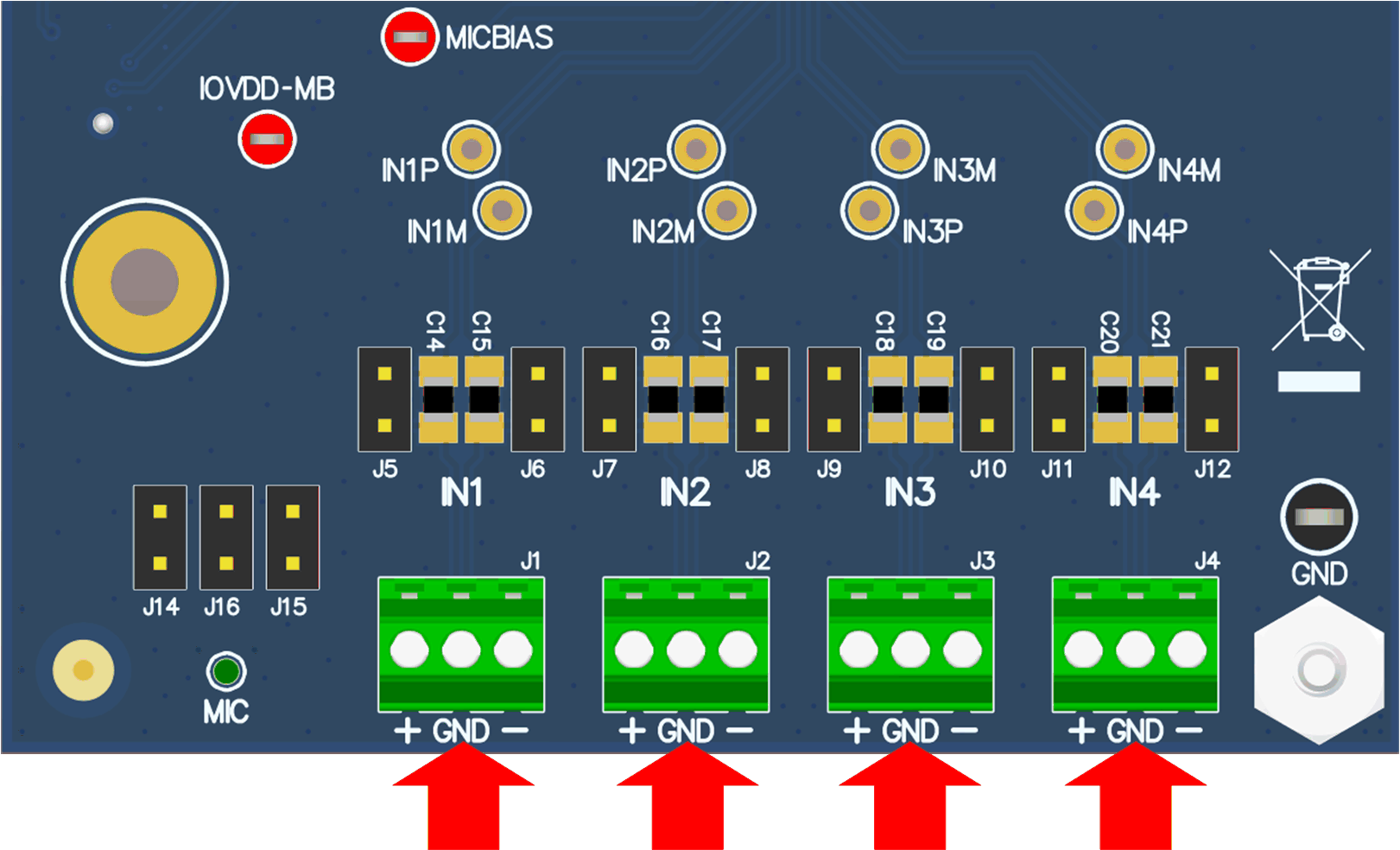 TAA3040 用于線路輸入應(yīng)用的 TAA3040EVB 連接