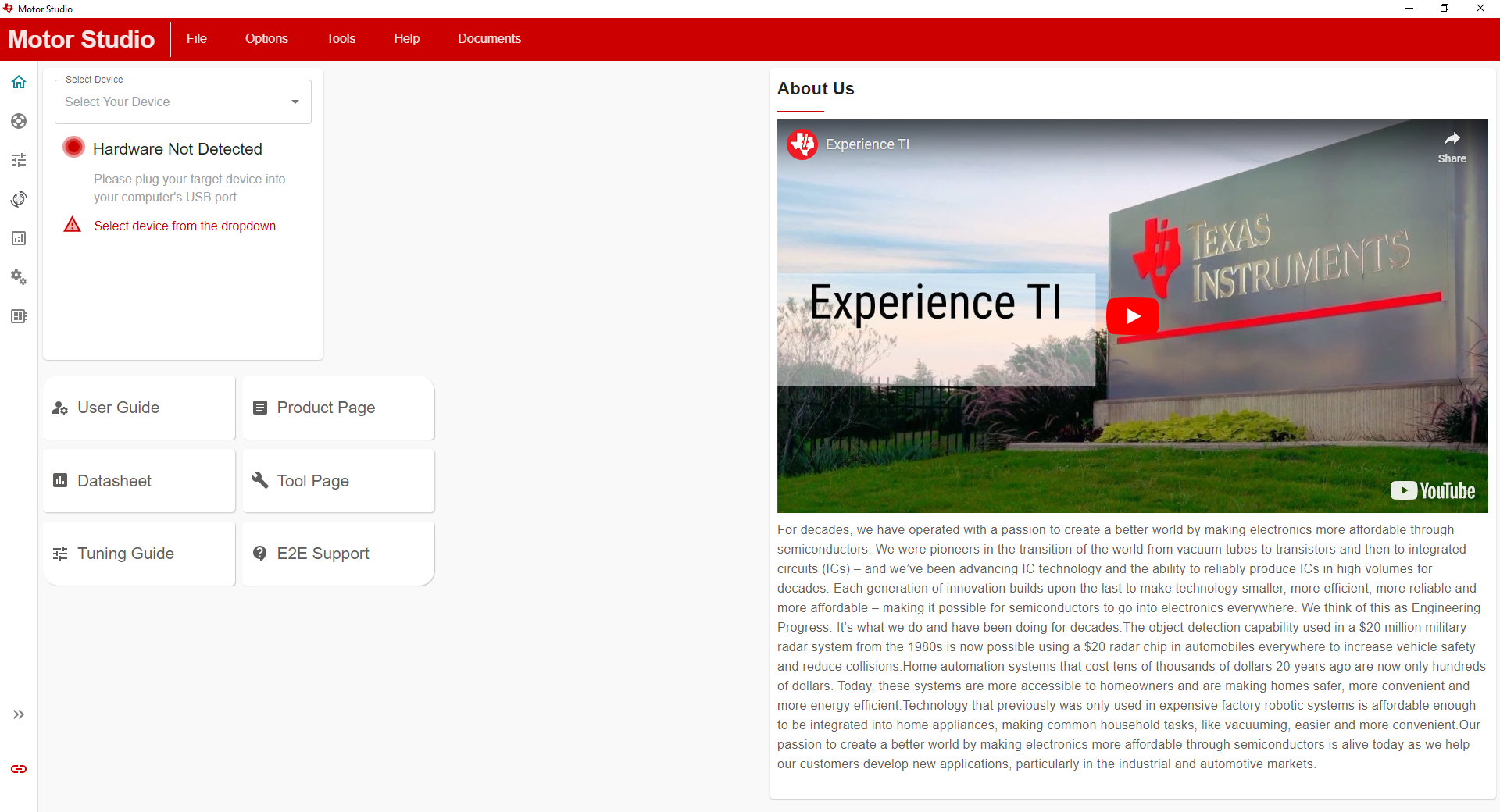 MCF8316DEVM Motor Studio GUI 主頁