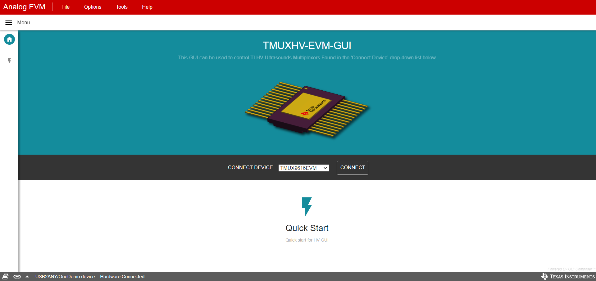 TMUX9616QFPEVM TMUXHV-EVM GUI 主頁(yè)選項(xiàng)卡