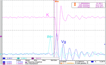 LMG1020EVM-006 1.2ns 柵極脈沖產生 1.5ns，30V 輸入 1Ω 脈沖（500MHz 示波器）