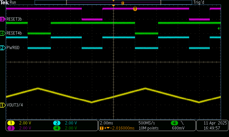 TPS7H3024EVM-CVAL DLY_TMR 懸空時的通道 3/4 調節監控