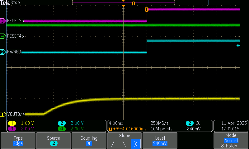 TPS7H3024EVM-CVAL 通道 3/4 在 DLY_TMR=619kOhms 時進入調節狀態