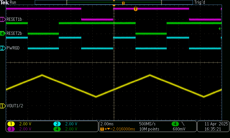TPS7H3024EVM-CVAL DLY_TMR 懸空時的通道 1/2 調節監控