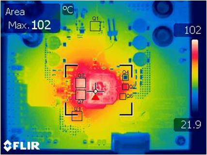 LM251772 熱像圖：VIN = 20.0V，VOUT = 48.0V，IOUT = 5.0A，無強制空氣冷卻