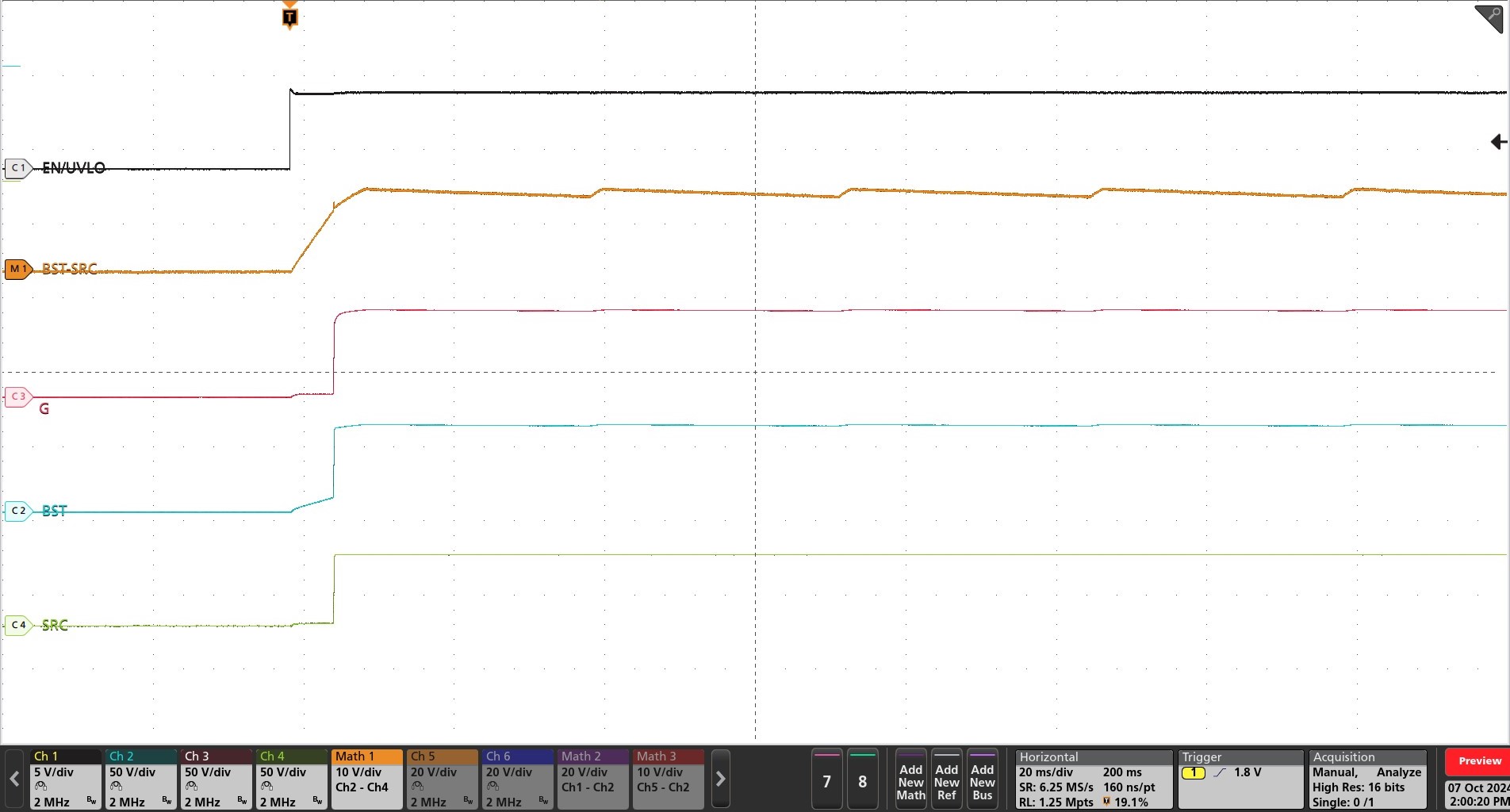 TPS4812Q1EVM 低功耗路徑的啟動(dòng)曲線（LPM = 低電平，VIN = 48V，無(wú)負(fù)載，CBST = 470nF）