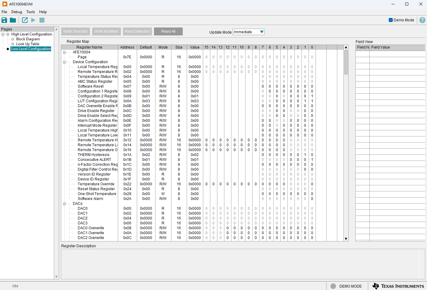 AFE10004EVM AFE10004EVM I2C 底層配置頁面