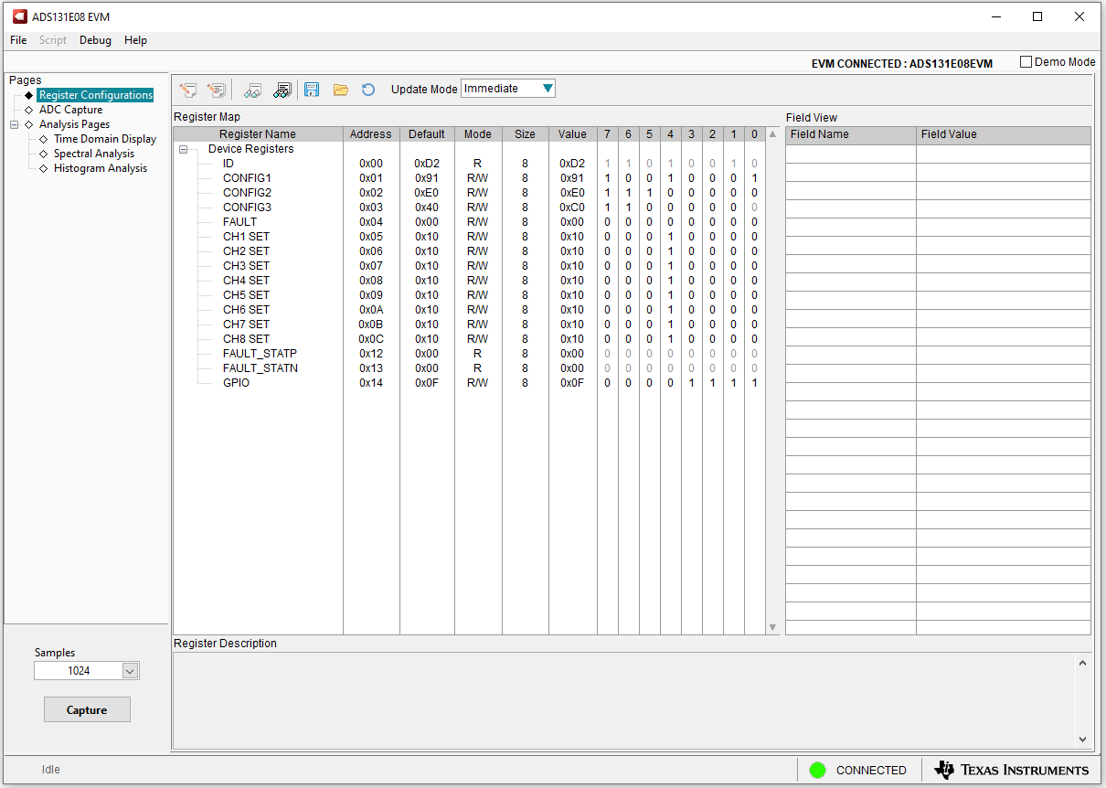 ADS131E08EVM-PDK EVM 寄存器配置