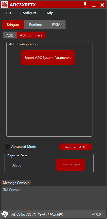 ADC34RF72 包含顯示導出過程的 EVM GUI 圖片