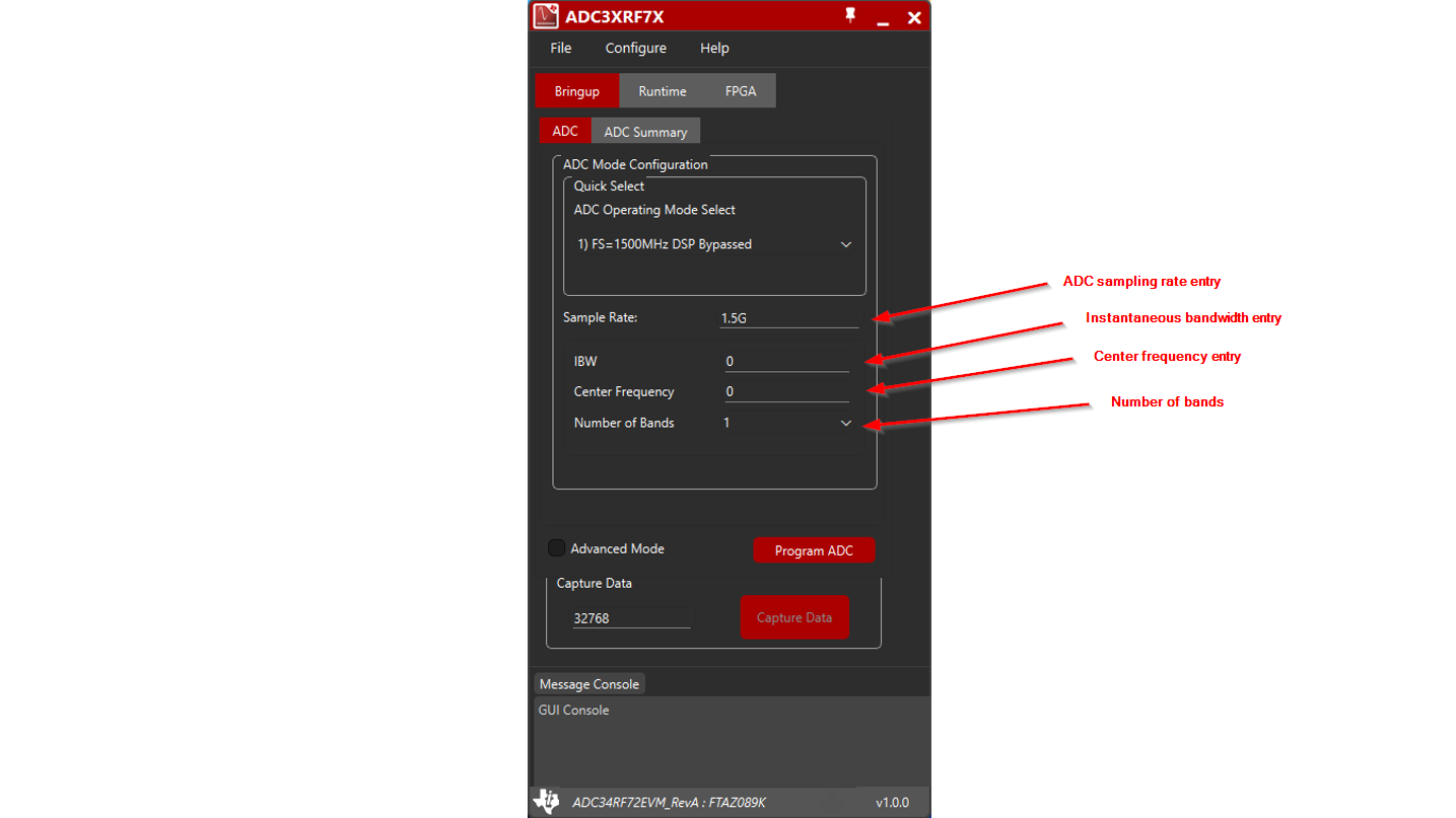 ADC34RF72 帶標簽的 ADC GUI 系統模式圖片