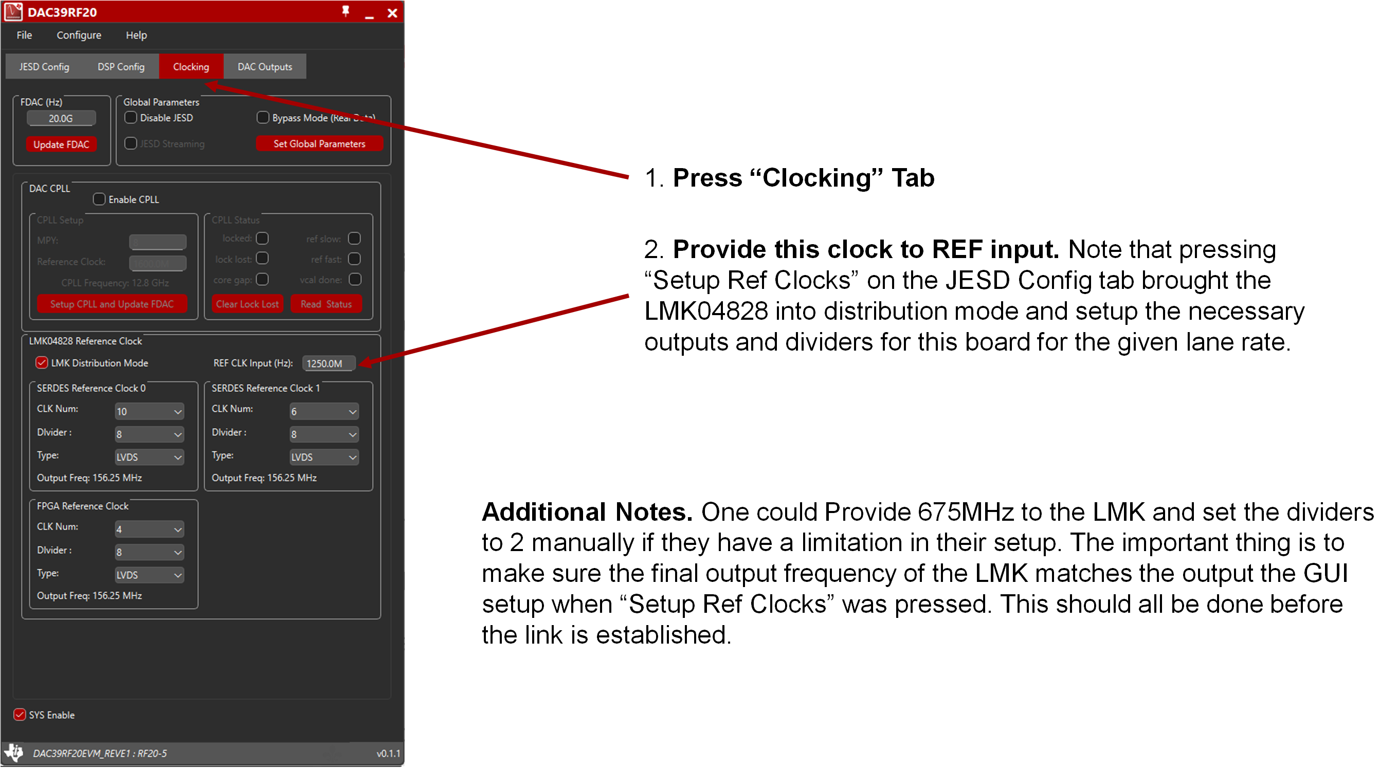 DAC39RF20EVM JMode 0 的 EVM GUI 配置 -“Clocking”選項(xiàng)卡