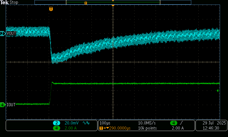 TPS7H4102EVM VOUT4 對 100mA 至 3A 負載階躍的瞬態(tài)響應（以 8A/μs 的速率）