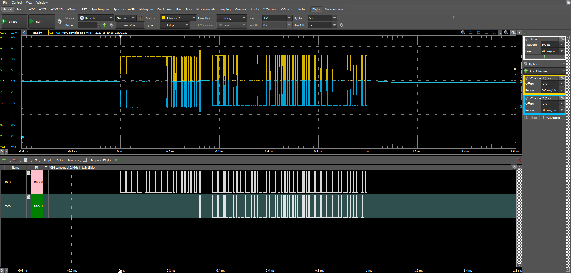 TCAN5102-Q1 CANH（黃色）、CANL（藍(lán)色）、TXD/RXD 波形