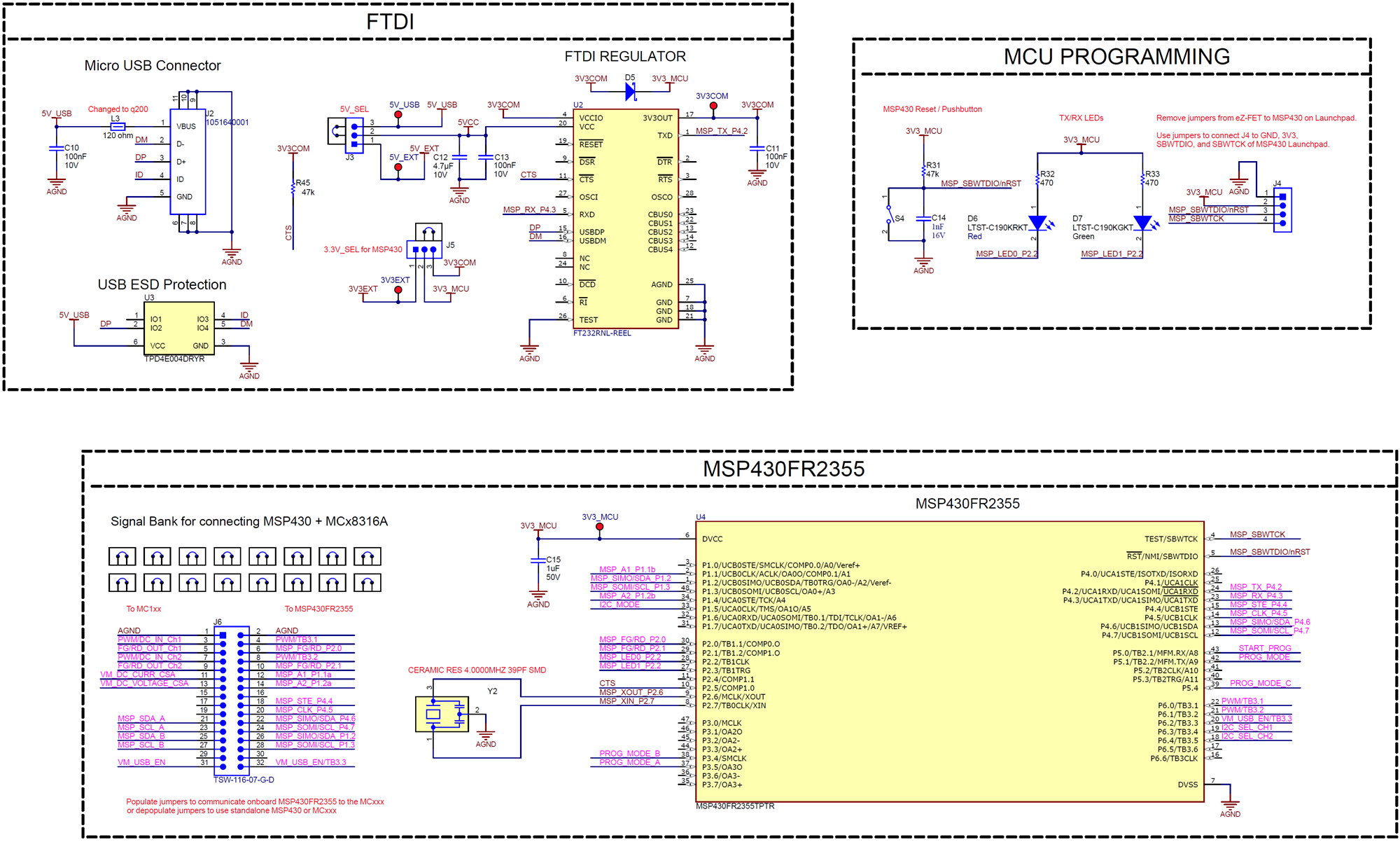 MC121EVM MC121EVM 原理圖 — FTDI、MSP430FR2355 和 MCU 編程