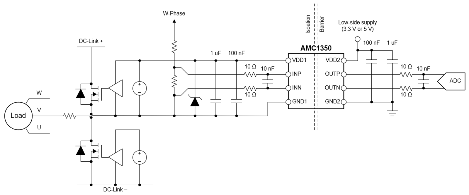  帶有浮動電源的 AMC1350 隔離式放大器。