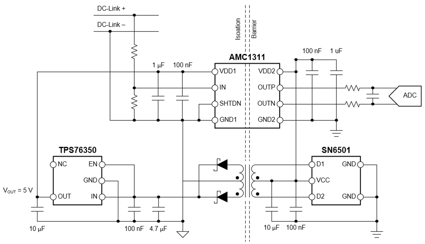  AMC1311 隔離式放大器與分立式隔離變壓器電路。
