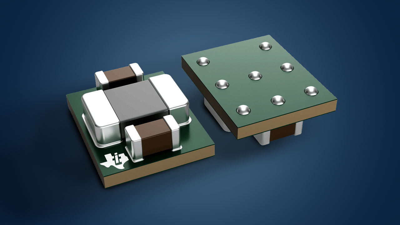  采用 MicroSiP 封裝的 TPS82670 降壓轉換器的頂視圖和底視圖。