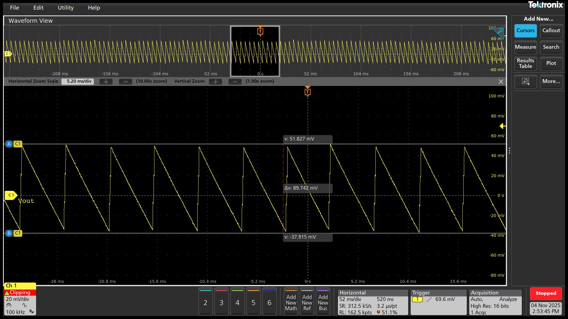 UCG28824EVM-124 VOUT = 20V 且無(wú)負(fù)載時(shí)的典型紋波電壓 (90mVpp)