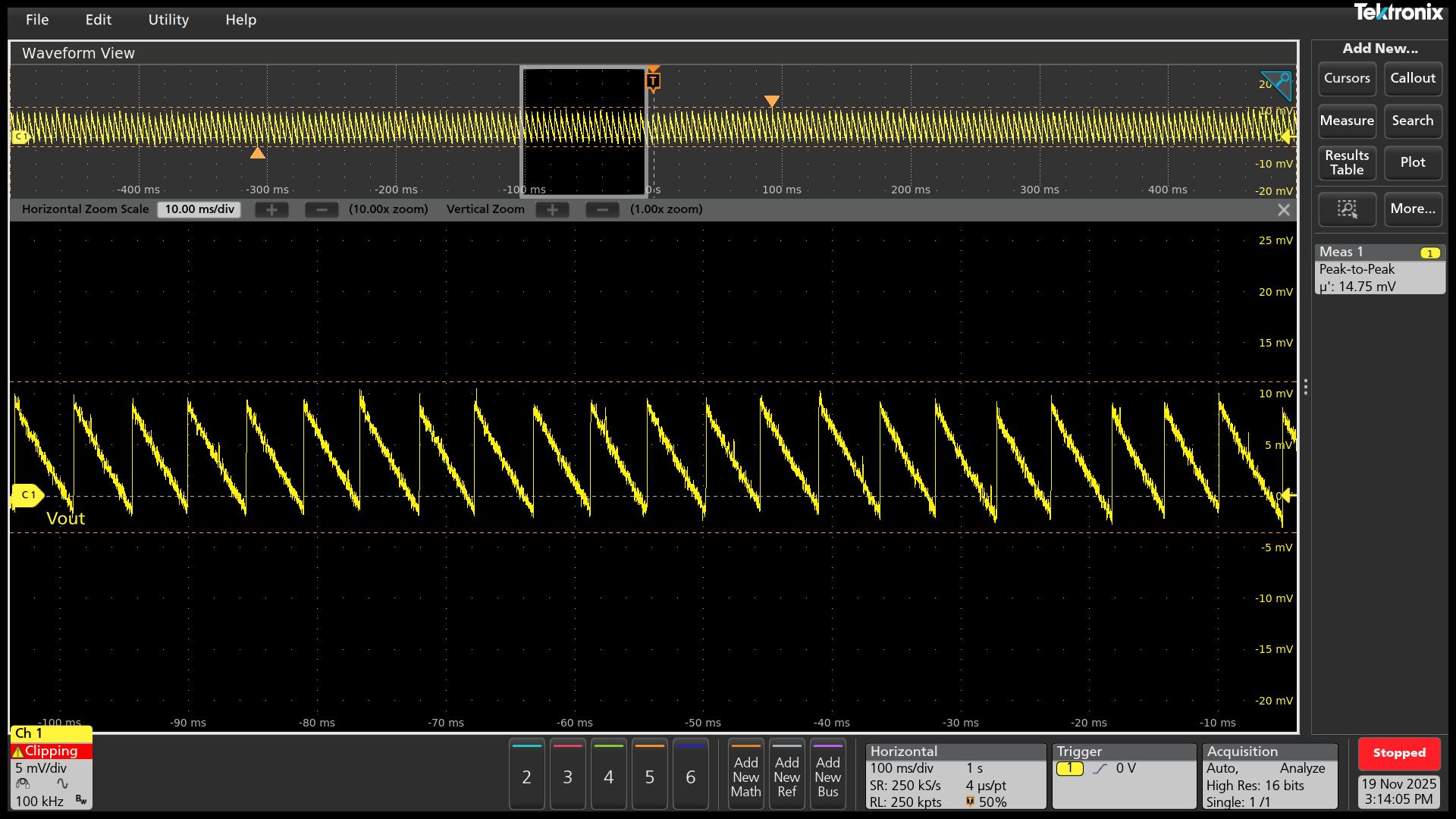 UCG28824EVM-124 VOUT = 24V 且無(wú)負(fù)載時(shí)的典型紋波電壓 (15mVpp)