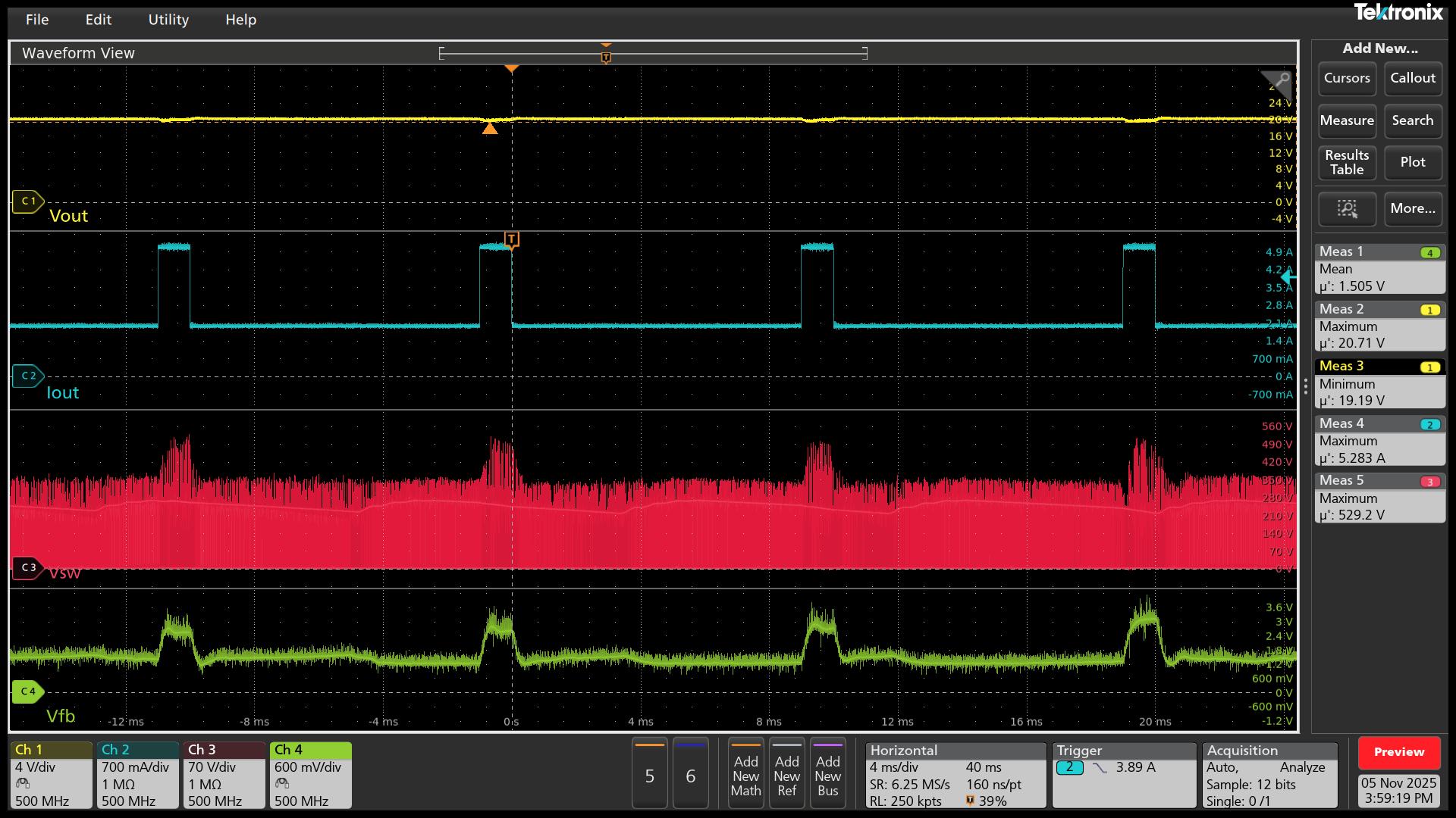UCG28824EVM-124 VIN = 90Vac（2.25 倍額定電流并持續(xù) 1ms，0.9 倍額定電流并持續(xù) 9ms）