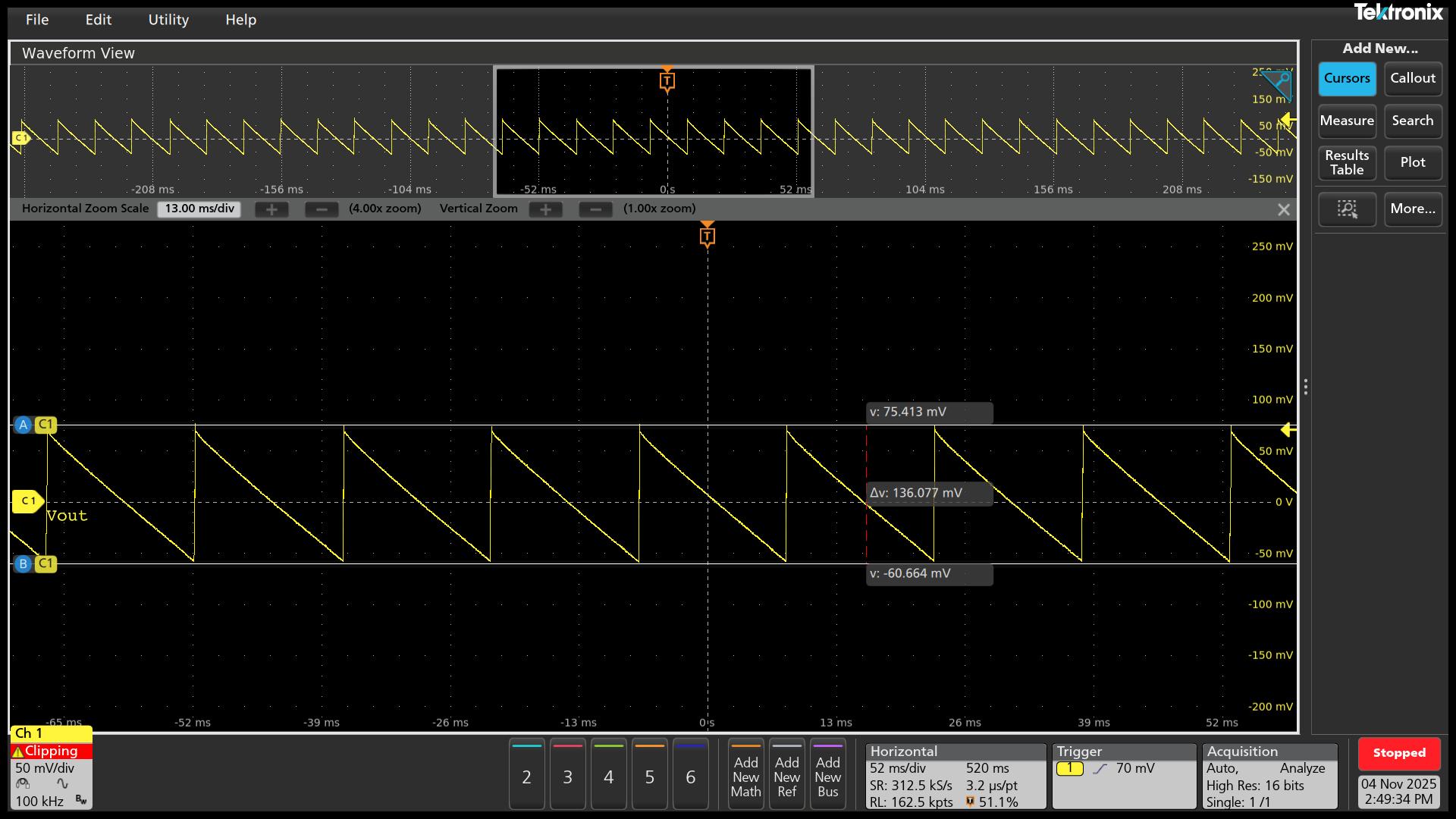 UCG28824EVM-124 VOUT = 9V 且無(wú)負(fù)載時(shí)的典型紋波電壓 (136mVpp)