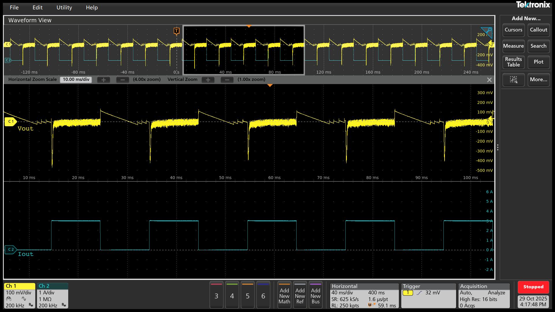 UCG28824EVM-124 VOUT = 12V 過沖/下沖= 120mV/-410mV 條件下的瞬態(tài)響應(yīng)